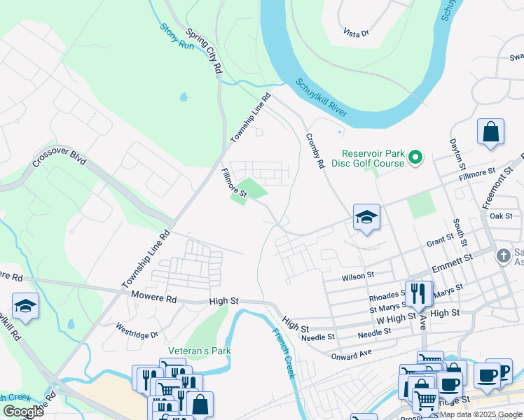 map of restaurants, bars, coffee shops, grocery stores, and more near 1258 Fillmore Street in Phoenixville