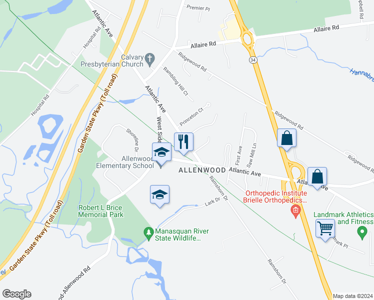 map of restaurants, bars, coffee shops, grocery stores, and more near 3209 Atlantic Avenue in Wall Township