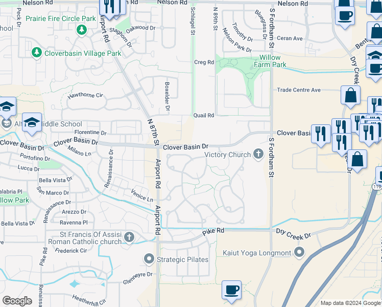 map of restaurants, bars, coffee shops, grocery stores, and more near 3605 Sunflower Circle in Longmont