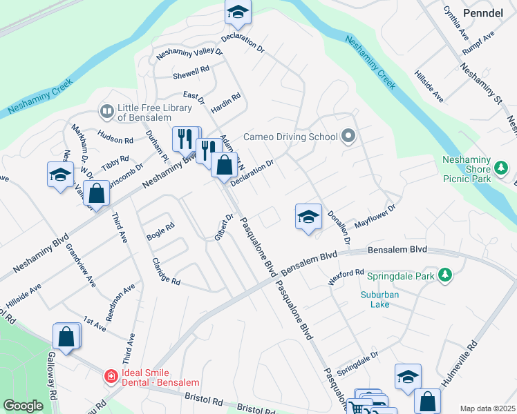 map of restaurants, bars, coffee shops, grocery stores, and more near 3135 Independence Court in Bensalem