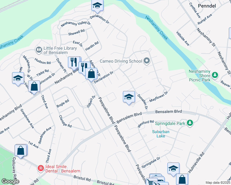 map of restaurants, bars, coffee shops, grocery stores, and more near 3231 Independence Court in Bensalem