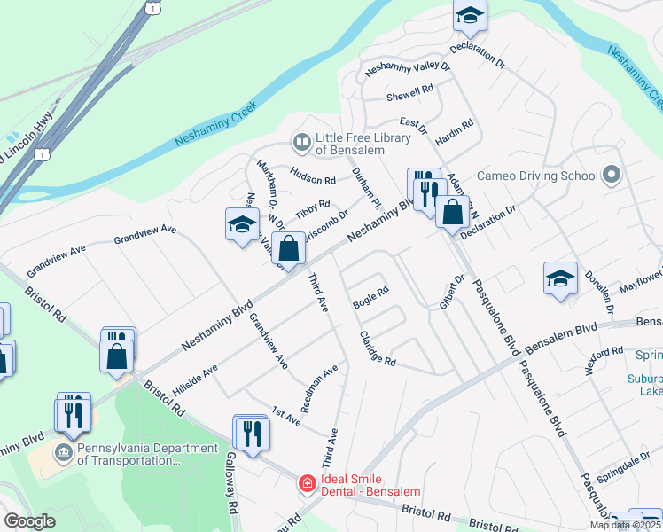 map of restaurants, bars, coffee shops, grocery stores, and more near 3011 Claridge Road in Bensalem