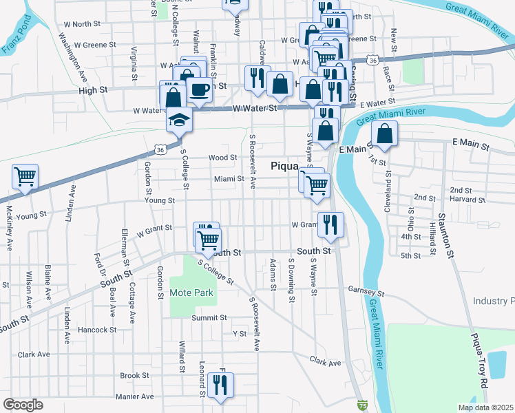 map of restaurants, bars, coffee shops, grocery stores, and more near 415 South Roosevelt Avenue in Piqua