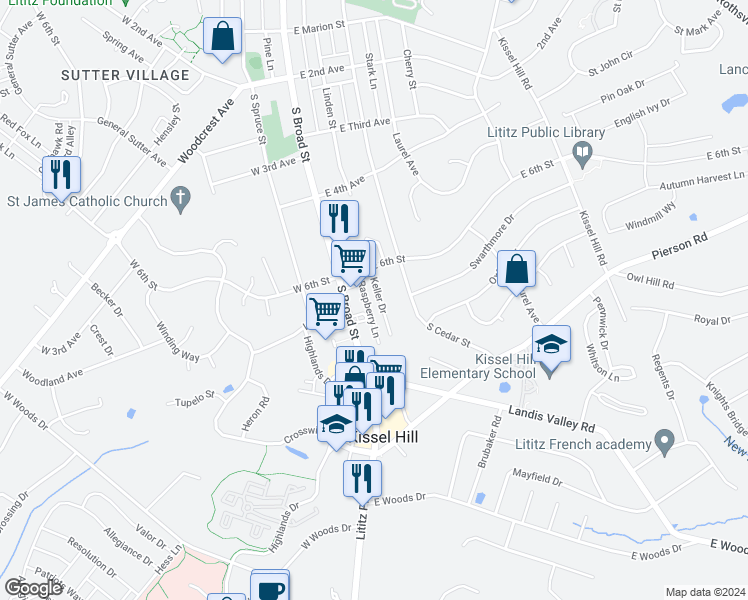 map of restaurants, bars, coffee shops, grocery stores, and more near 740 Keller Drive in Lititz