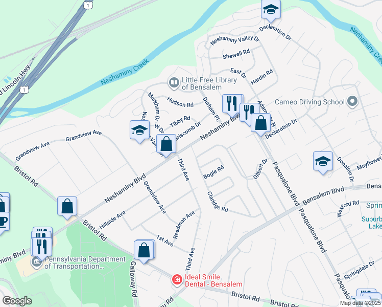 map of restaurants, bars, coffee shops, grocery stores, and more near 3011 Claridge Road in Bensalem