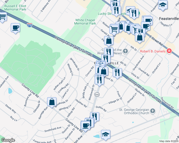 map of restaurants, bars, coffee shops, grocery stores, and more near 121 Crocus Road in Feasterville-Trevose