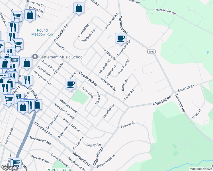 map of restaurants, bars, coffee shops, grocery stores, and more near 409 Greyhorse Road in Willow Grove