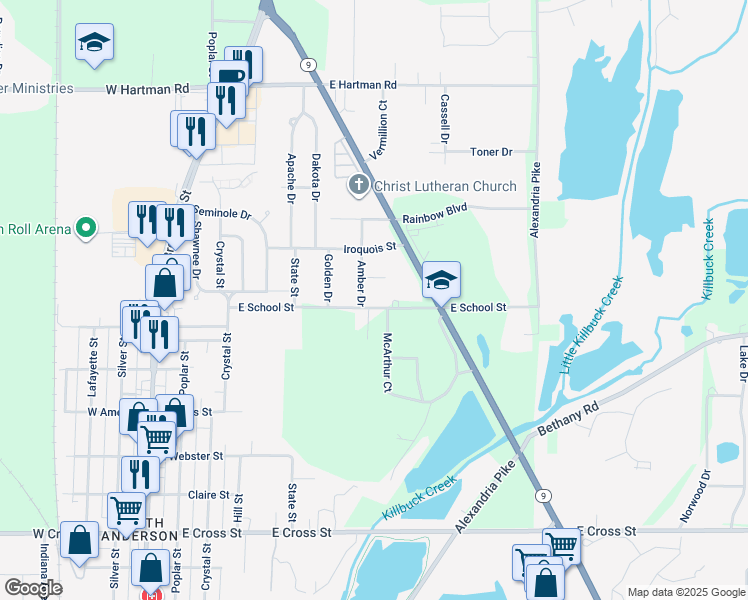 map of restaurants, bars, coffee shops, grocery stores, and more near 726 East School Street in Anderson