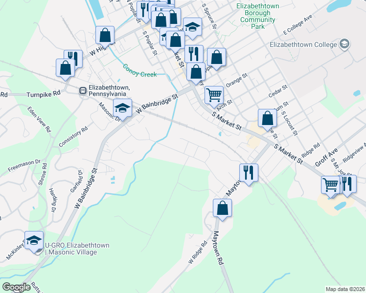 map of restaurants, bars, coffee shops, grocery stores, and more near 12 Arrow Head Drive in Elizabethtown