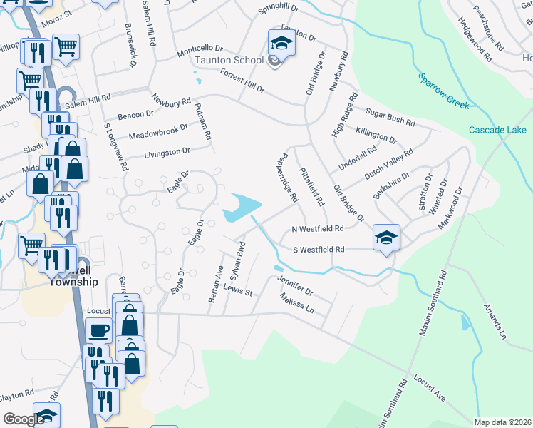 map of restaurants, bars, coffee shops, grocery stores, and more near 10 Sylvan Boulevard in Howell Township