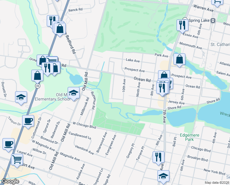 map of restaurants, bars, coffee shops, grocery stores, and more near 104 Meadowbrook Road in Spring Lake