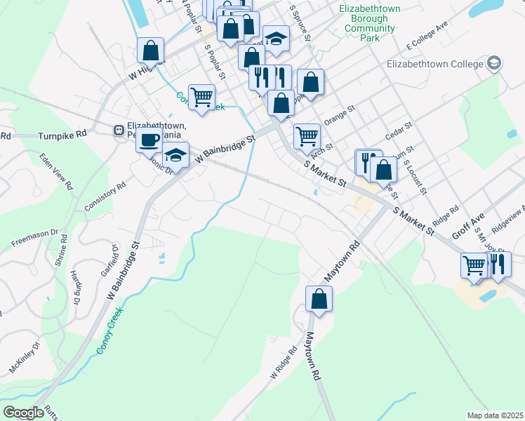 map of restaurants, bars, coffee shops, grocery stores, and more near 12 Arrow Head Drive in Elizabethtown