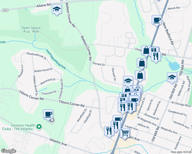 map of restaurants, bars, coffee shops, grocery stores, and more near 1444 Garrett Drive in Wall Township
