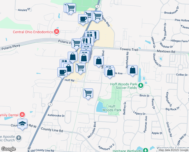 map of restaurants, bars, coffee shops, grocery stores, and more near 214 Hoff Rd in Westerville