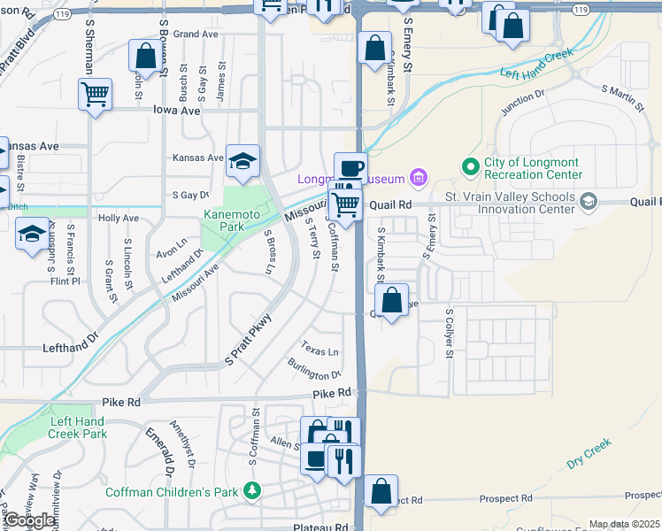 map of restaurants, bars, coffee shops, grocery stores, and more near 1316 South Coffman Street in Longmont