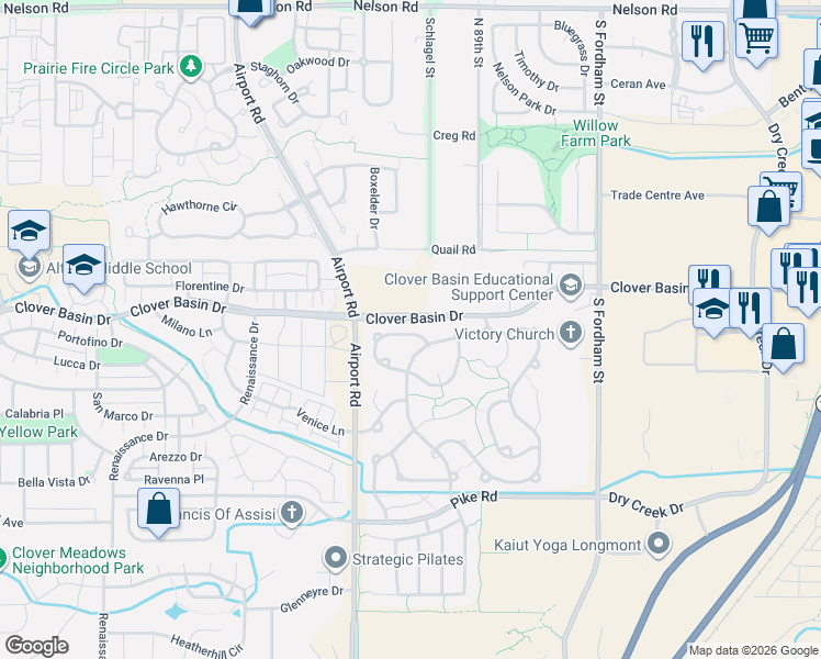 map of restaurants, bars, coffee shops, grocery stores, and more near 3605 Sunflower Circle in Longmont