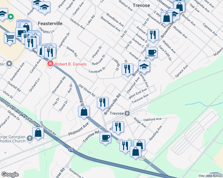 map of restaurants, bars, coffee shops, grocery stores, and more near 600 Old Street Road in Feasterville-Trevose