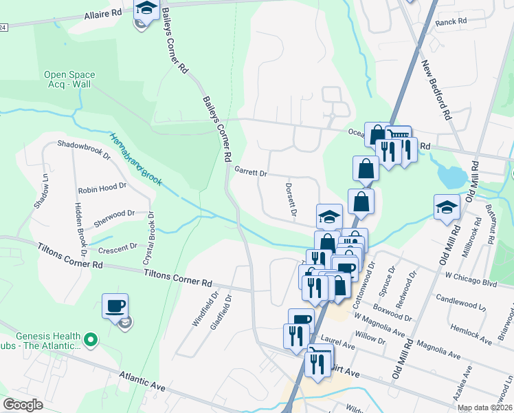 map of restaurants, bars, coffee shops, grocery stores, and more near 1444 Garrett Drive in Wall Township