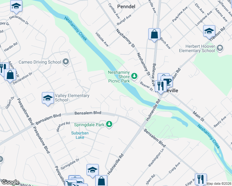 map of restaurants, bars, coffee shops, grocery stores, and more near 2708 Dudley Court in Bucks County
