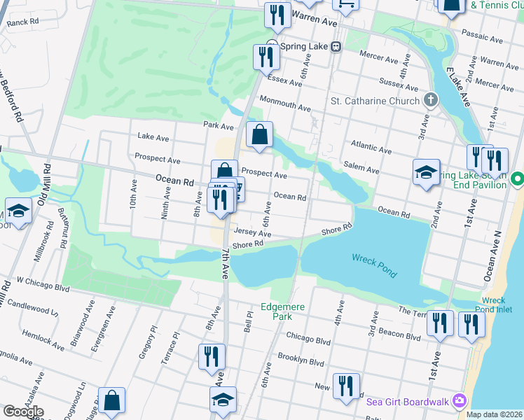 map of restaurants, bars, coffee shops, grocery stores, and more near 602 Central Avenue in Spring Lake