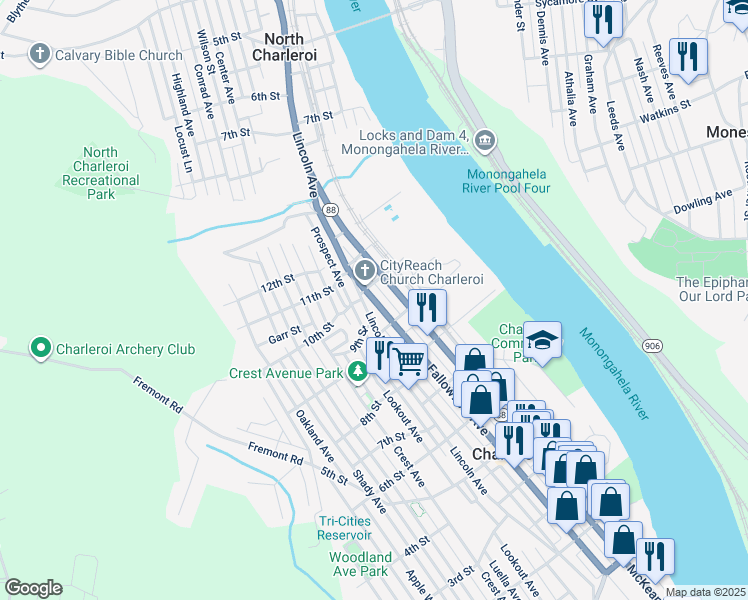map of restaurants, bars, coffee shops, grocery stores, and more near 928 Fallowfield Avenue in Charleroi