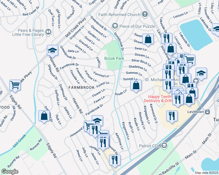 map of restaurants, bars, coffee shops, grocery stores, and more near 51 Flower Lane in Levittown