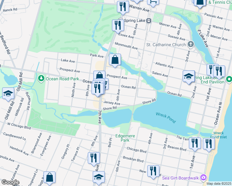 map of restaurants, bars, coffee shops, grocery stores, and more near 602 Central Avenue in Spring Lake