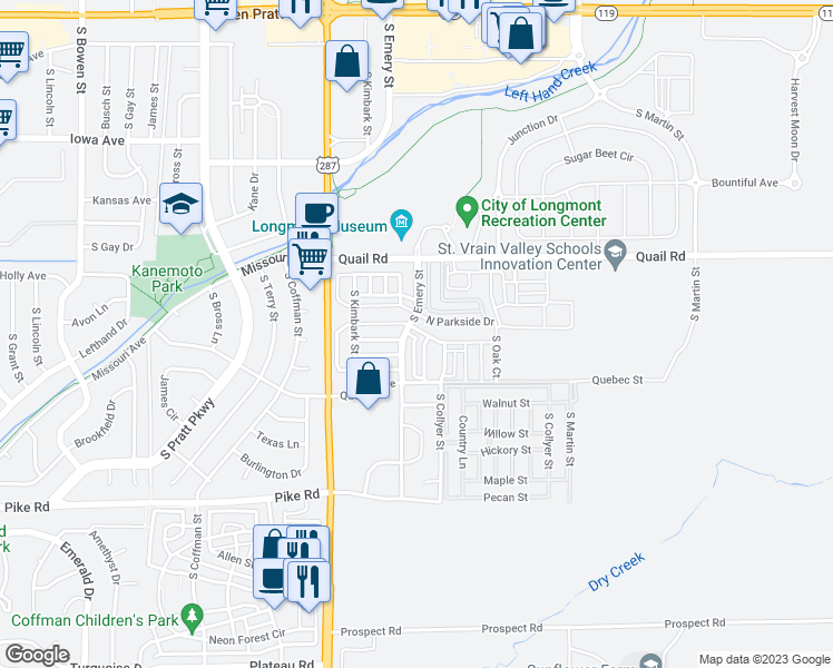 map of restaurants, bars, coffee shops, grocery stores, and more near 343 South Parkside Drive in Longmont