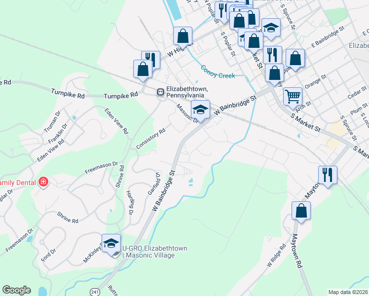 map of restaurants, bars, coffee shops, grocery stores, and more near 472 West Bainbridge Street in Elizabethtown
