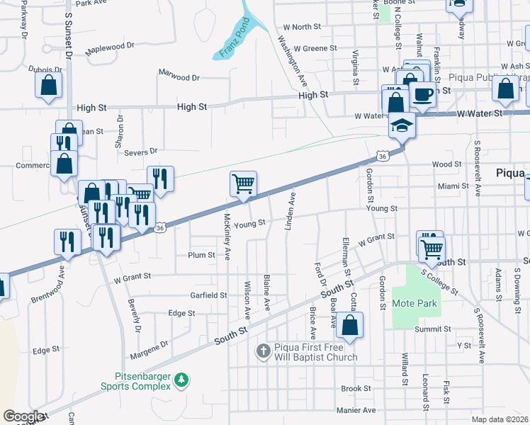 map of restaurants, bars, coffee shops, grocery stores, and more near 127 Glenn Street in Piqua