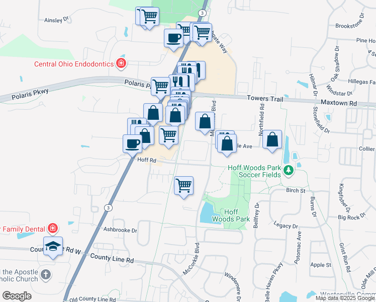 map of restaurants, bars, coffee shops, grocery stores, and more near 214 Hoff Rd in Westerville