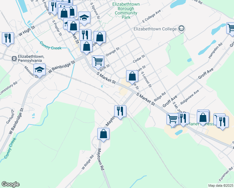 map of restaurants, bars, coffee shops, grocery stores, and more near 810 South Market Street in Elizabethtown