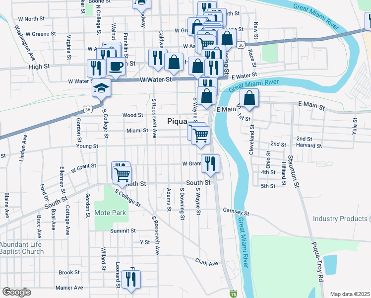 map of restaurants, bars, coffee shops, grocery stores, and more near 405 South Downing Street in Piqua