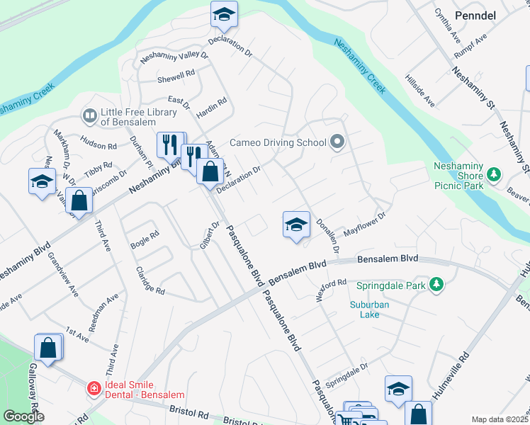map of restaurants, bars, coffee shops, grocery stores, and more near 3227 Independence Court in Bensalem