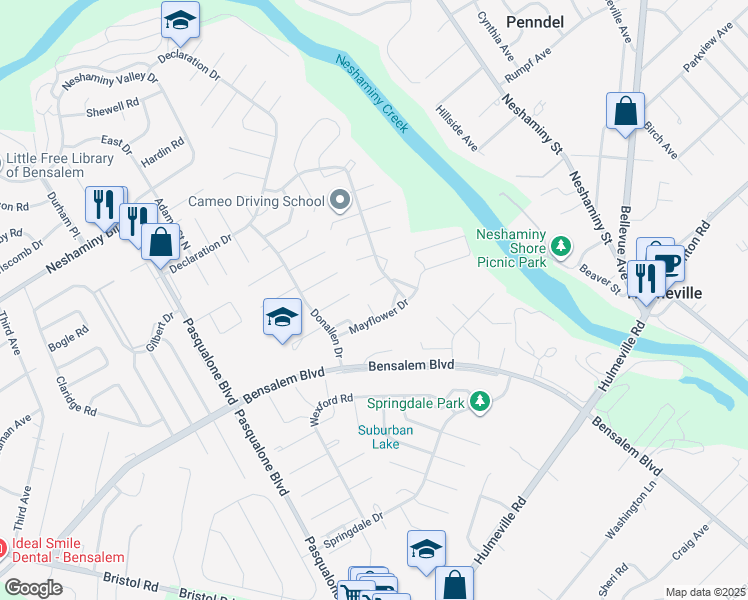 map of restaurants, bars, coffee shops, grocery stores, and more near 3021 Alcott Court in Bensalem