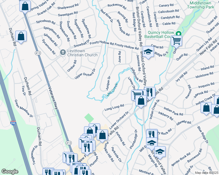 map of restaurants, bars, coffee shops, grocery stores, and more near 107 Juniper Drive in Levittown