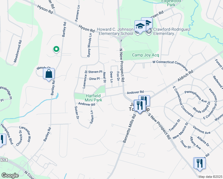 map of restaurants, bars, coffee shops, grocery stores, and more near 12 Harfield Drive in Jackson Township
