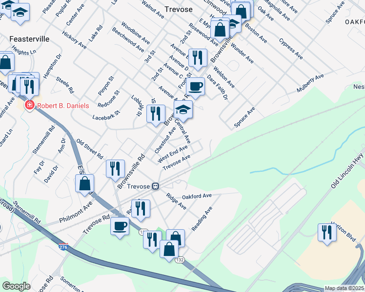 map of restaurants, bars, coffee shops, grocery stores, and more near 3418 West End Avenue in Feasterville-Trevose