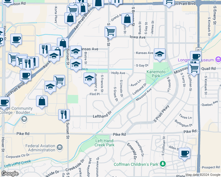 map of restaurants, bars, coffee shops, grocery stores, and more near 1340 South Sherman Street in Longmont