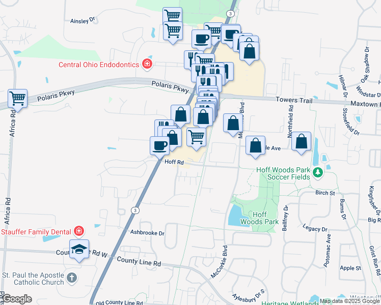 map of restaurants, bars, coffee shops, grocery stores, and more near 650 North State Street in Westerville