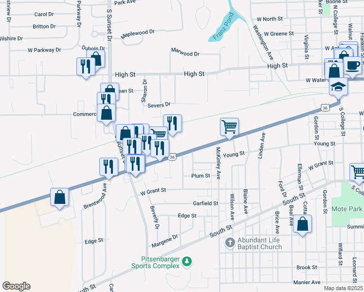 map of restaurants, bars, coffee shops, grocery stores, and more near 1330 Covington Avenue in Piqua