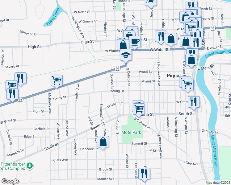 map of restaurants, bars, coffee shops, grocery stores, and more near 725 Young Street in Piqua
