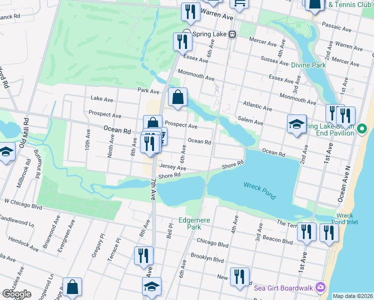 map of restaurants, bars, coffee shops, grocery stores, and more near 602 Central Avenue in Spring Lake