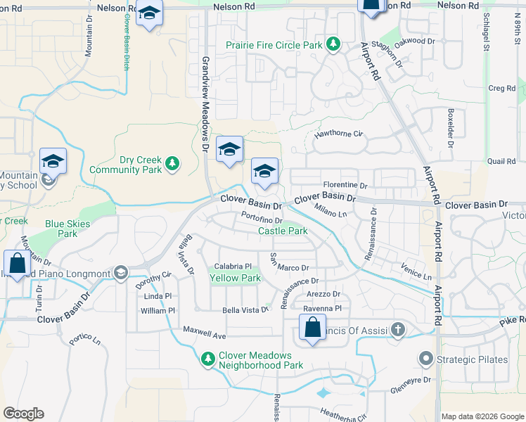 map of restaurants, bars, coffee shops, grocery stores, and more near 4534 Portofino Drive in Longmont