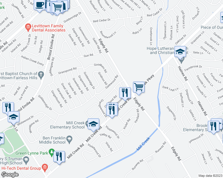 map of restaurants, bars, coffee shops, grocery stores, and more near 73 Orangewood Drive in Levittown