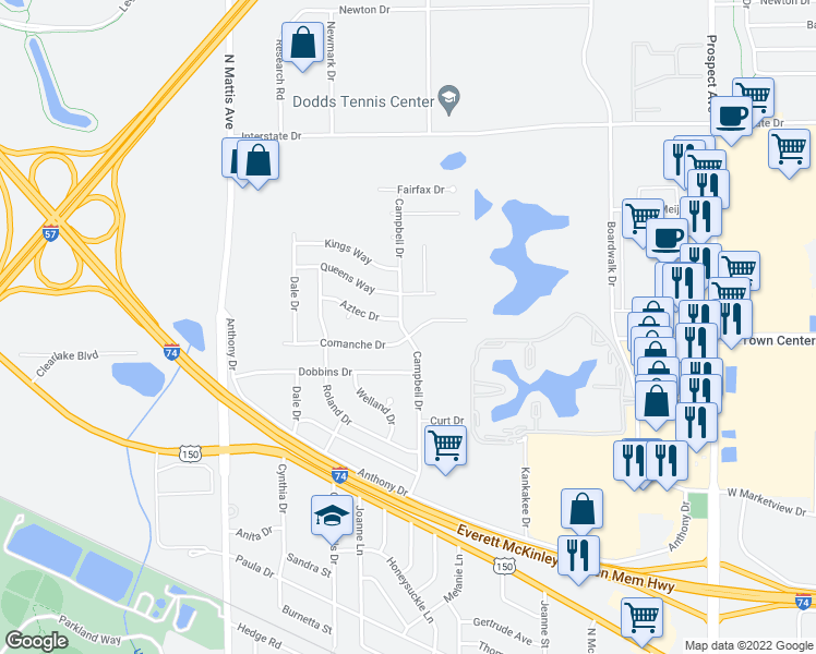 map of restaurants, bars, coffee shops, grocery stores, and more near 1401 Aztec Drive in Champaign