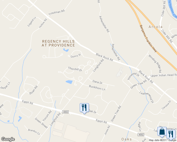 map of restaurants, bars, coffee shops, grocery stores, and more near 101 Farrington Court in Collegeville