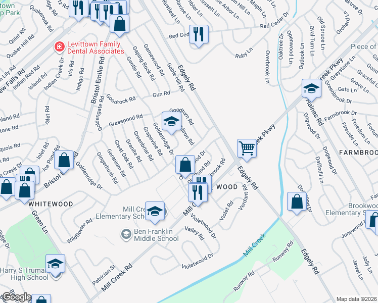 map of restaurants, bars, coffee shops, grocery stores, and more near 21 Gatewood Road in Levittown
