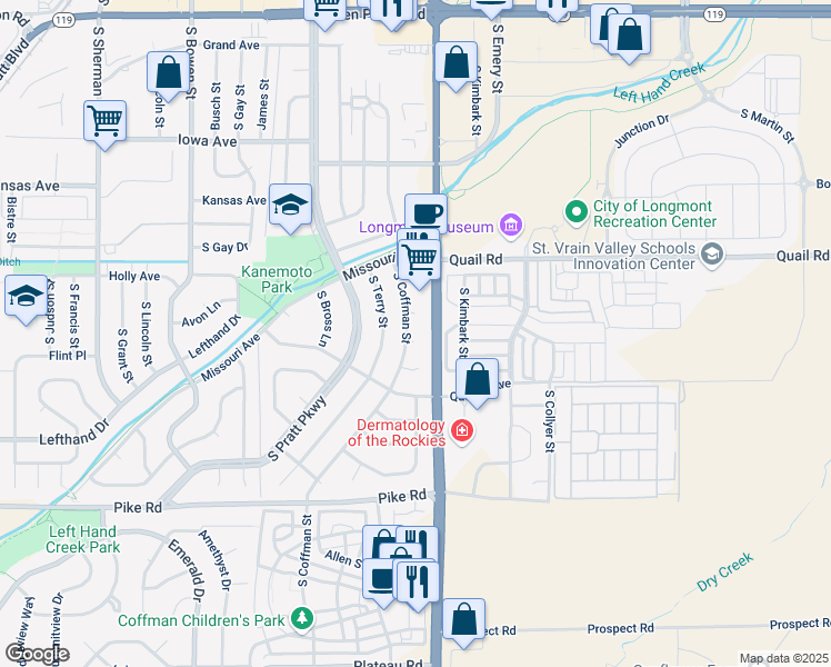 map of restaurants, bars, coffee shops, grocery stores, and more near 1316 South Coffman Street in Longmont