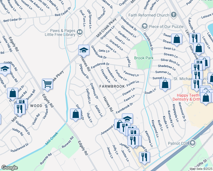 map of restaurants, bars, coffee shops, grocery stores, and more near 58 Friendly Lane in Levittown